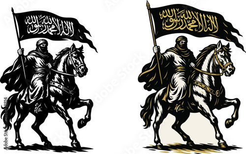 Warrior figure clad in traditional garments riding a rearing horse while powerfully holding aloft a black flag bearing Arabic calligraphy representing militant or religious symbolism