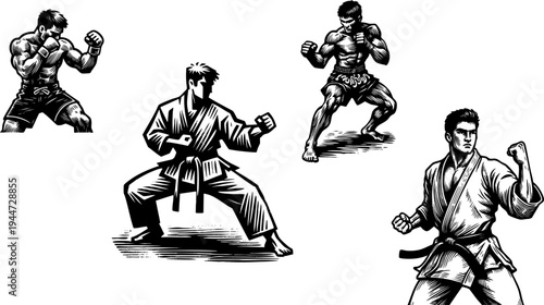 Collection of four distinct martial arts fighters illustrated in a dynamic black and white woodcut style showcasing various combat stances and fighting disciplines effectively.