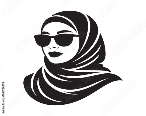 Stylish muslim woman wearing hijab and sunglasses portrait silhouette, modern modest fashion concept, elegant female vector illustration isolated on white background