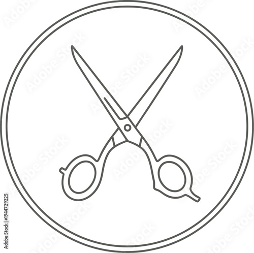 Minimalist black and white line art icon featuring a pair of crossed hairdressing scissors enclosed within a double circular border element.