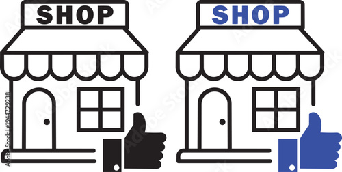 Shop with Approval: A graphic illustration of two shop icons, each with a SHOP sign, accompanied by a thumbs-up gesture, symbolizing approval.