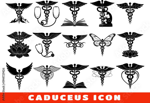 Collection of caduceus icons with various elements including stethoscope, book, butterfly