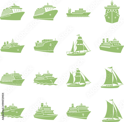 Green cruise ship icons set and maritime transportation symbols for sea travel and vacation logistics