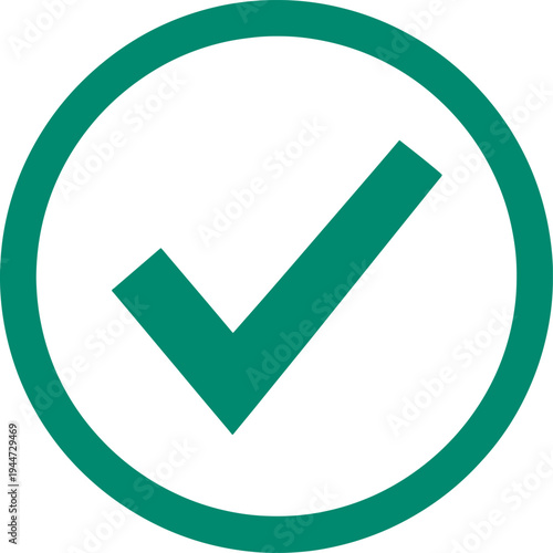Green verification check mark icon for successful validation approved status and quality completion