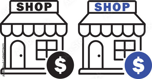 Shop Icons: Minimalist illustrations of two shops, each accompanied by a dollar symbol, represent retail and commerce
