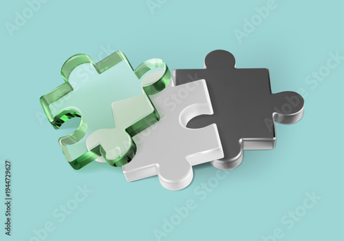 3D transparent glass puzzle pile with metal white and blue pieces. Realistic isometric render, assemble logic part and join fragment. Constructor game for outstanding mission and consulting challenge