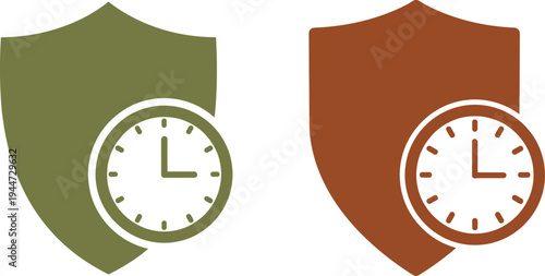 Shield with clock icons representing security duration protection insurance time and safety service