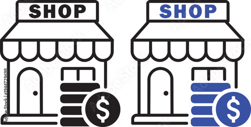 Business Icon for E-commerce: A straightforward representation of two shop, adorned with a symbolic stack of coins with a dollar sign. A visual message about commerce, trade, and financial matters.