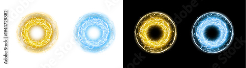 Photography PNG image of Dynamic glowing yellow and blue lightning electric energy rings, featuring vibrant light and sparking effects on transparent background