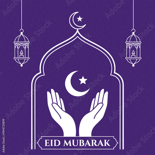 Islamic Eid Mubarak purple card with white line art praying hands and lanterns for spiritual religious holiday