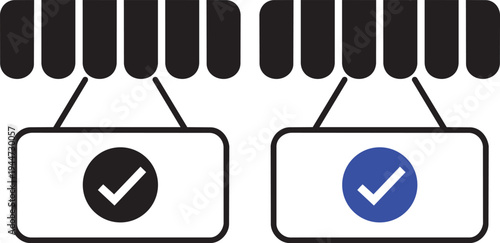 Storefront Status Icons: Two storefronts are depicted, each with a checkmark icon indicating status. One is a black icon, and the other is a blue icon, suggesting different states or selections.