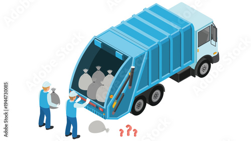 Isometric garbage truck and sanitation workers in a clean blue and white vector illustration for waste management services.