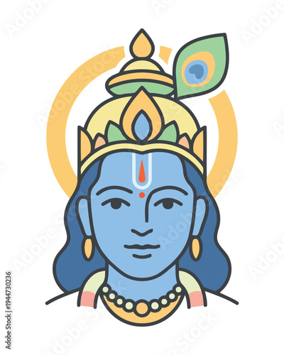 Lord Ram Face Icon with Crown and Peacock Feather – Hindu God Ram Navami Flat Vector Illustration