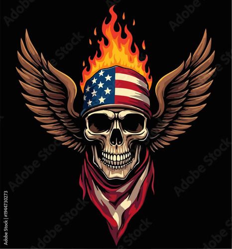 Biker vector t-shirt design with fire human skull
with usa flag bandana, wings, flame on black
background. Fashionable print for fabric, paper, men clothing, hoodie, jacket. T shirt template.