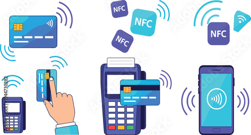 NFC contactless payment technology icons with smartphone tap to pay, credit card, POS terminal and wireless transaction finance vector illustration set