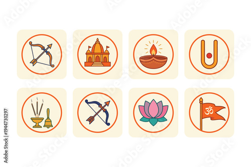 Ram Navami Hindu Religious Icon Set – Bow Arrow Temple Diya Lotus Om Flat Vector Icons