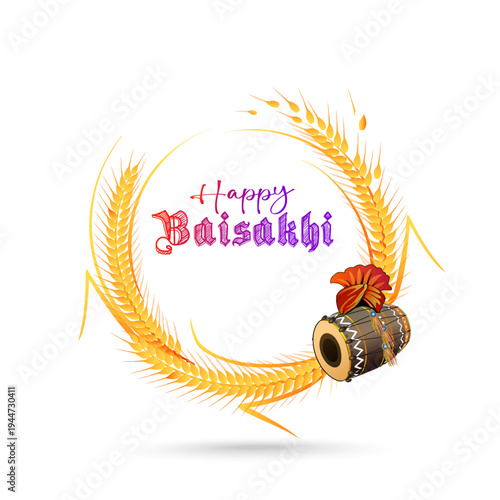 Happy Baisakhi text with vibrant festive harvest wheat frame, Punjabi Sikh Turban and drum vector illustration.