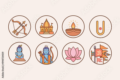 Ram Navami Hindu Festival Icon Set – Lord Ram, Temple, Diya, Lotus and Om Symbol Vector Icons