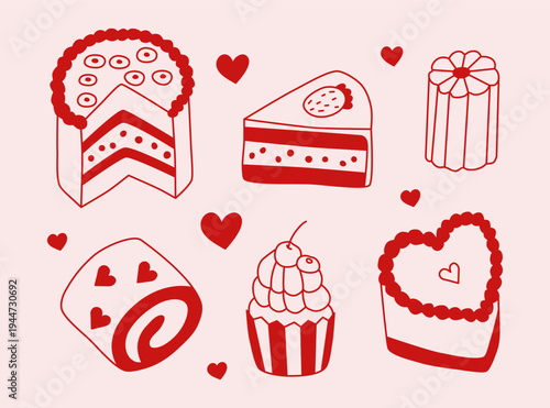 Set of cute hand drawn desserts in minimalist Mediterranean line art style isolated on pastel background. Slice of cake, French caneles, swiss roll, cupcake and heart shaped cake. Doodle confectionery