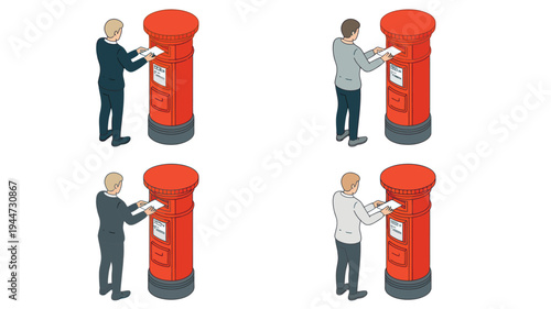 Men posting letters into a red post box in isometric illustration style with flat design on a bright white background for postal service and communication.