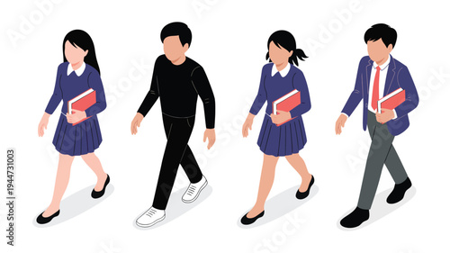 Diverse students walking in isometric educational vector illustration with bright clean white background for school and youth projects.