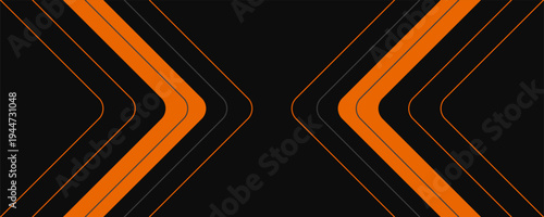 Futuristic abstract banner with dynamic orange lines, gray accents, and angular shapes on dark background.