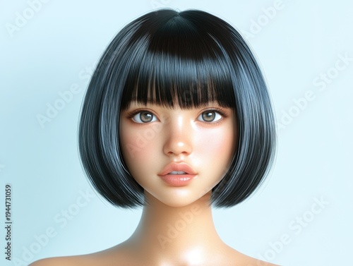 Young female character with blunt bob hairstyle and large expressive eyes, showcasing smooth skin and a neutral background, ideal for character design or illustration projects