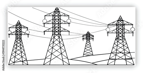 Minimalist black and white line art illustration of high-voltage electricity transmission towers receding into the distance, perspective view with three steel lattice pylons of increasing size from le