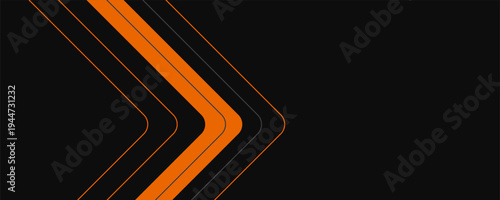 Black abstract wide horizontal banner with orange and gray lines, arrows, and angular shapes in modern sporty futuristic style.
