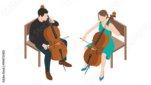 Man and woman playing cellos in isometric illustration style with clean white background and smooth vector graphic for classical music education.