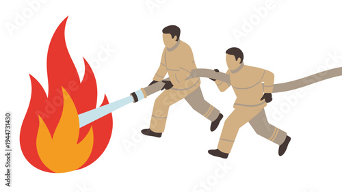 Firefighters extinguishing a large fire with a hose in a dynamic flat vector illustration on a bright white background for fire safety education.