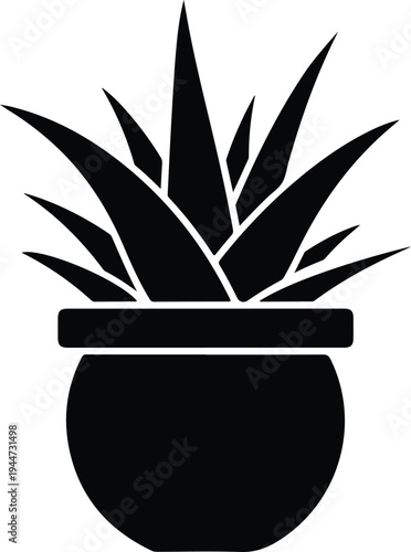 Silhouette aloe vera plant in a round ceramic pot vector illustration