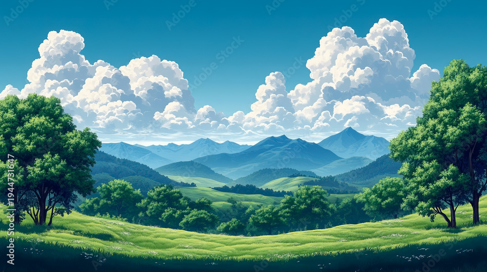 Obraz premium Idyllic Landscape with Lush Green Rolling Hills, Distant Blue Mountains, and Dramatic White Cumulus Clouds under Clear Sky, Evoking Peace and Serenity