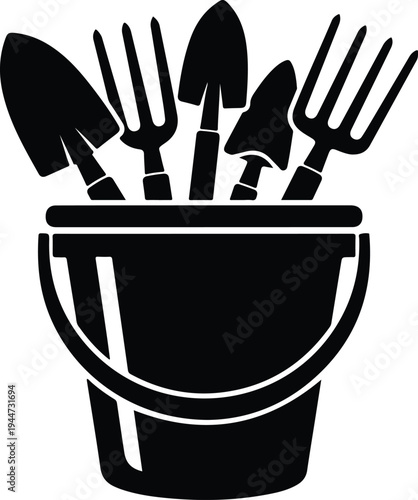 Silhouette garden bucket with hand tools for planting and farming vector illustration