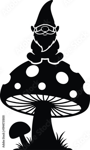 Silhouette gnome sitting on a large fly agaric mushroom vector illustration