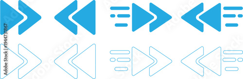 Set of cyan arrows and rewind signs on transparent background for design elements