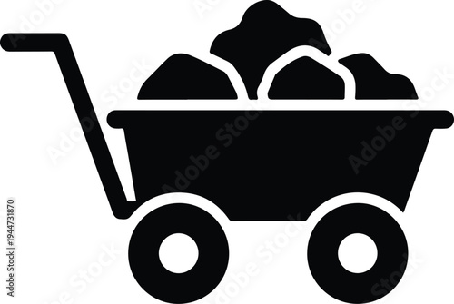 Silhouette mining trolley loaded with heavy coal piles vector illustration