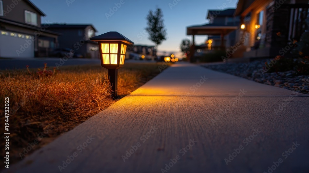 Obraz premium Small solar-powered LED path light with motion sensor along a residential sidewalk at dusk