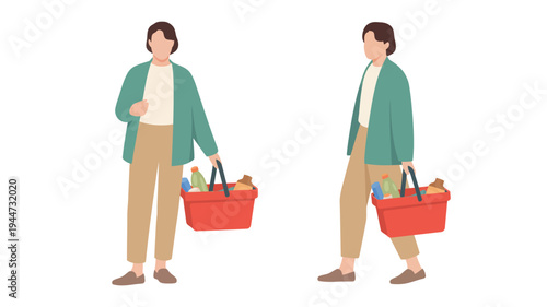 Woman with groceries in a flat vector illustration, casual everyday style with a bright clean white background, minimalist graphic design for e-commerce and retail marketing.