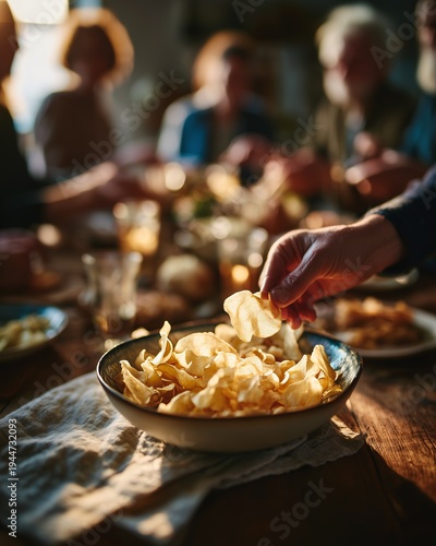 A close-up of a hand reaching for potato chips in a bowl during a warm social gathering with friends.