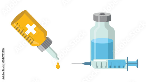 Medicine dropper and vaccine vial with syringe in clean medical style on bright white background for healthcare information and vaccination campaigns.