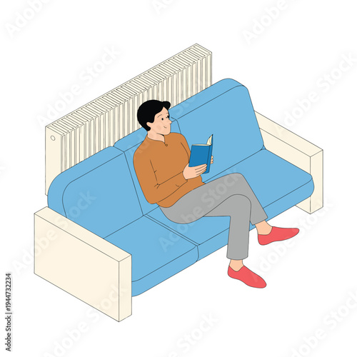 Man reading book on blue sofa in relaxed cozy mood with bright clean simple colors as an isometric illustration for modern lifestyle and home comfort.