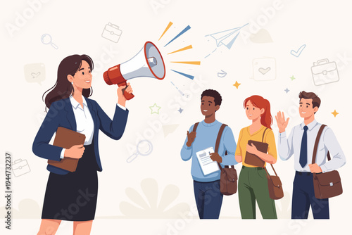 Businesswoman speaking through a megaphone to recruit new employees. Simple flat vector illustration of HR manager announcing job openings to a group of diverse young professionals for hiring.