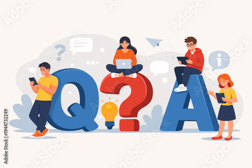 Frequently Asked Questions Concept with People Using Digital Devices Near Large Q and A Letters and Question Mark Symbol, FAQ Support, Customer Service, Online Help, and Problem Solving Vector