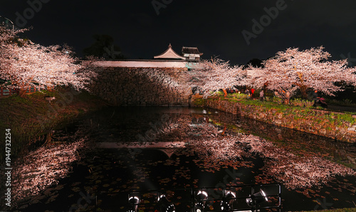 Cuadro en lienzo View of Maizuru Park with cherry blossoms lighted colorfully at night in spring in Fukuoka, Japan