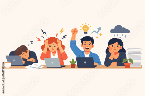 Diverse Office Employees in Different Emotional States of Mind Flat Vector Illustration Featuring Stressed, Exhausted, Inspired, and Sad Workers at Their Desks with Laptops on Light Background