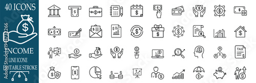 Income and profit growth line icon set featuring money bag and financial chart for business investment and more vector illustration or editable stroke