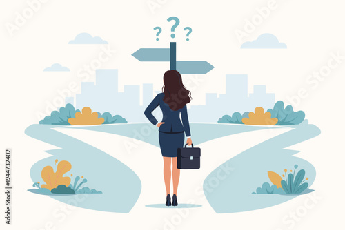 Businesswoman standing at a crossroads making a difficult career decision, choosing between two paths with a directional sign and question marks, professional woman in suit with briefcase vector.