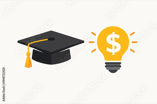 Vector Illustration of a Graduation Cap and a Glowing Light Bulb with a Dollar Sign Inside Representing Education Investment, Student Loans, Tuition Costs, Scholarships, and Career Success Ideas