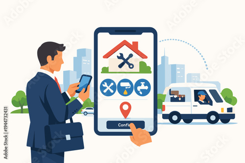 Businessman using a mobile app to book professional home repair services like plumbing, painting, and maintenance, featuring a service van, technician, and location tracking in a city setting.